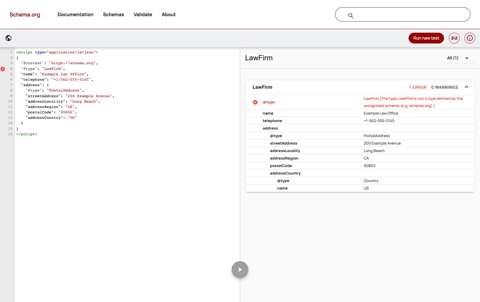 Schema Markup Validator showing 1 error on a block with @type LawFirm, with the message that LawFirm is not a type defined by the recognized schema