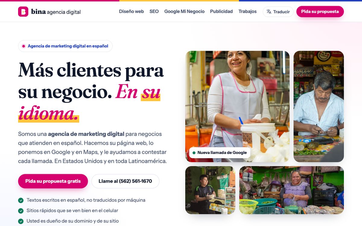 La página principal de Bina Agencia Digital