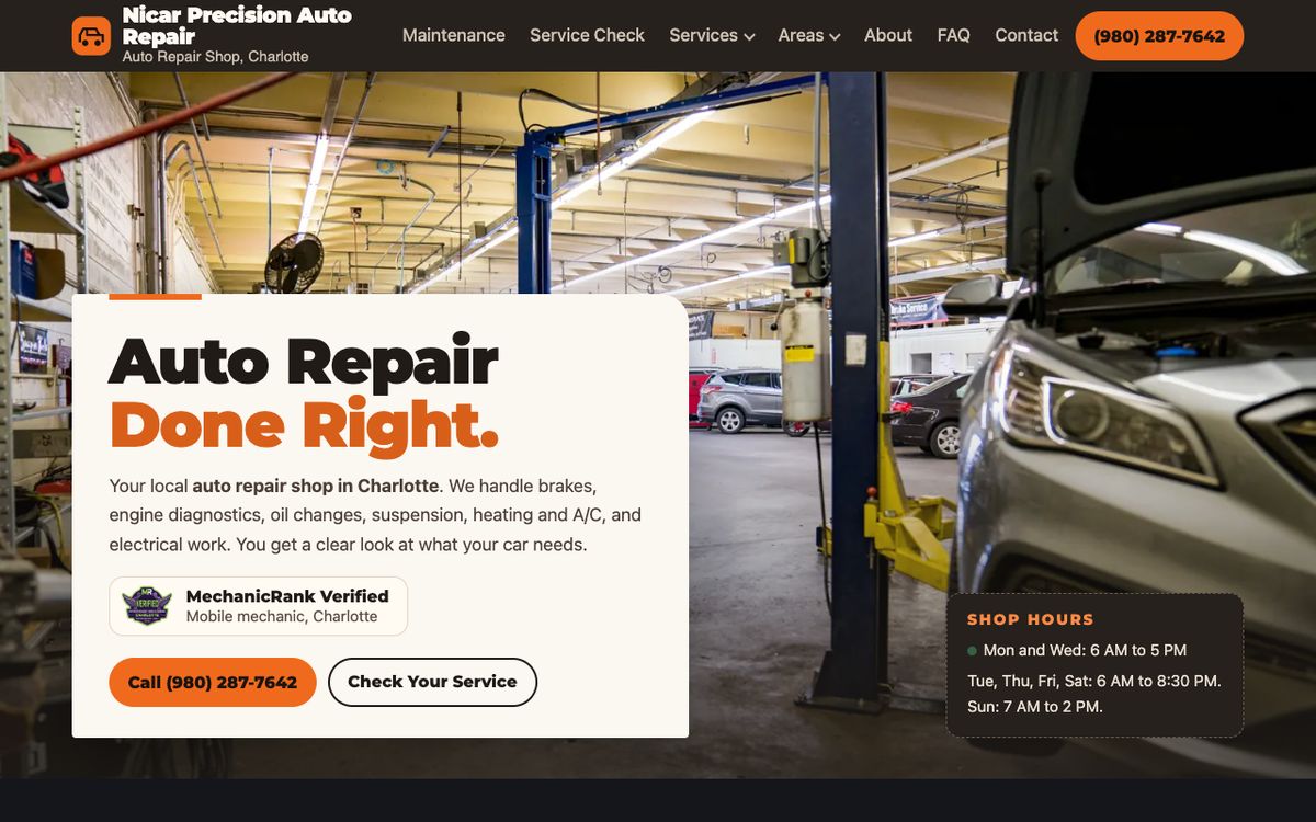 El sitio de Nicar Precision Auto Repair en Charlotte