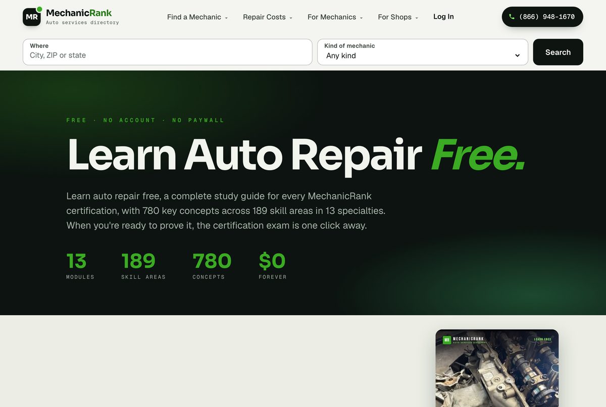 The MechanicRank Learn page, headed Learn Auto Repair Free, showing 13 modules, 189 skill areas, 780 concepts and a $0 price