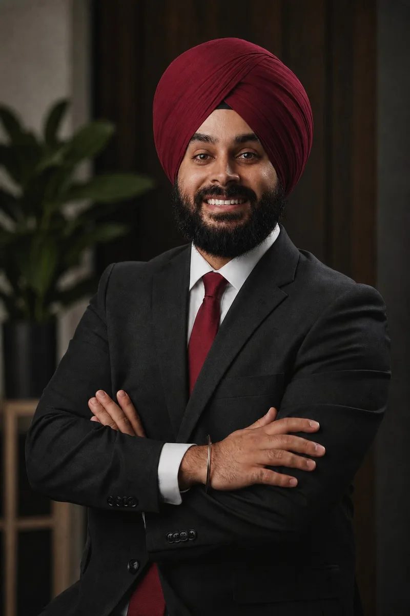 Harpal Singh, founder of Mindful Sewa Psychiatry, in a dark suit and red turban