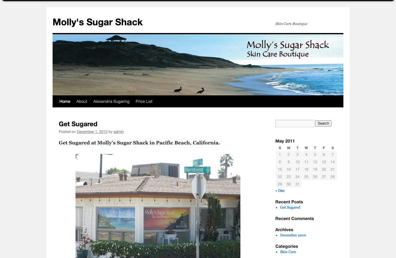 The first Molly's Sugar Shack website in 2010, a WordPress page with a beach banner and a Get Sugared post