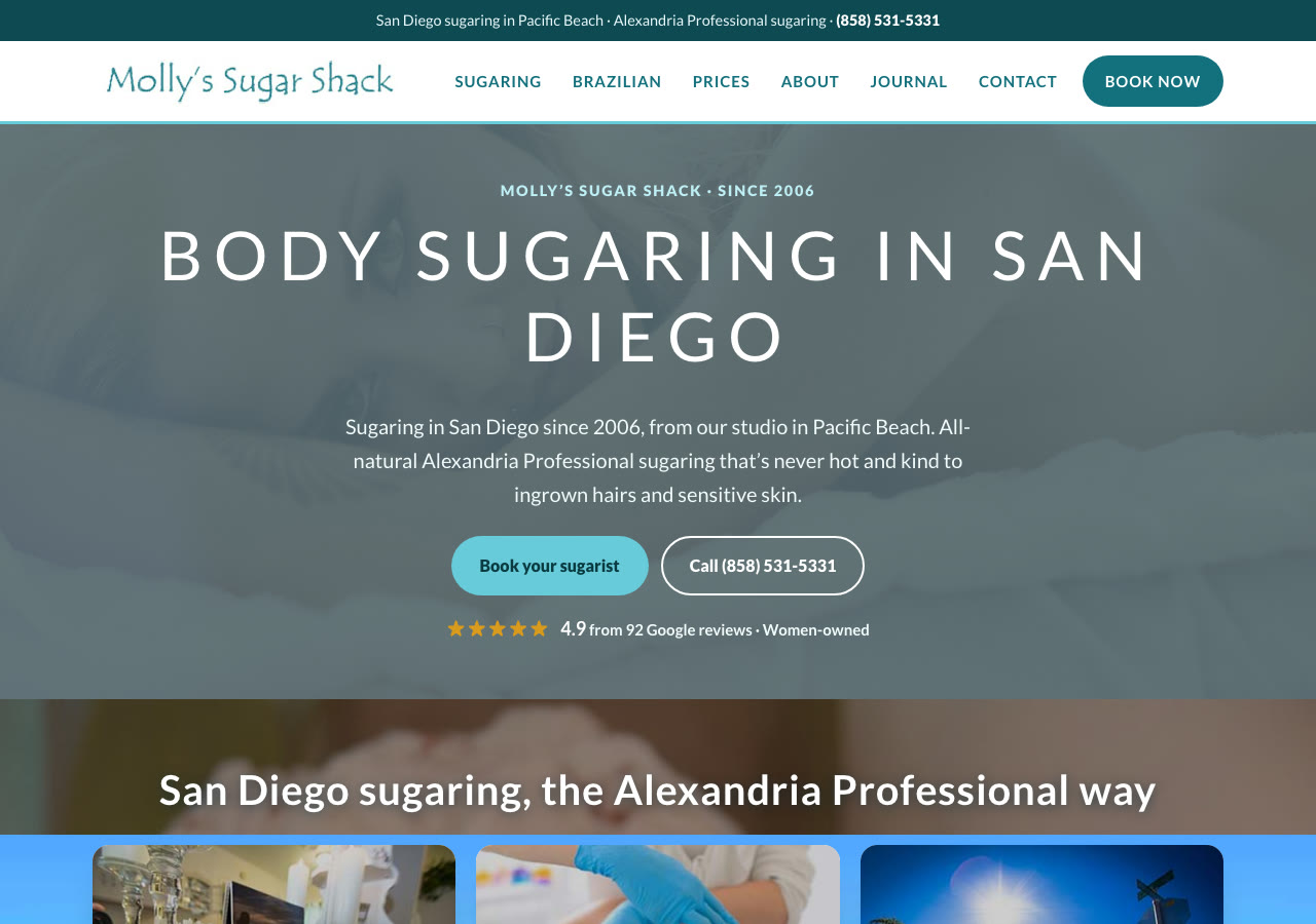 The new Molly's Sugar Shack home page in 2026, Body Sugaring in San Diego