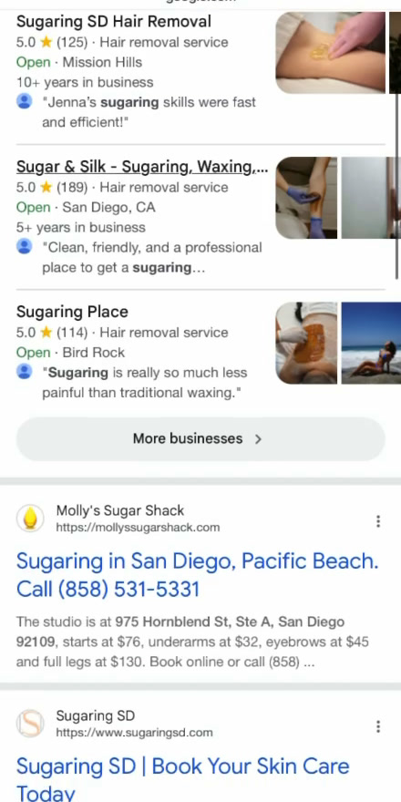 Google on Anthony's phone for sugaring san diego with Molly's Sugar Shack as the first website under the map