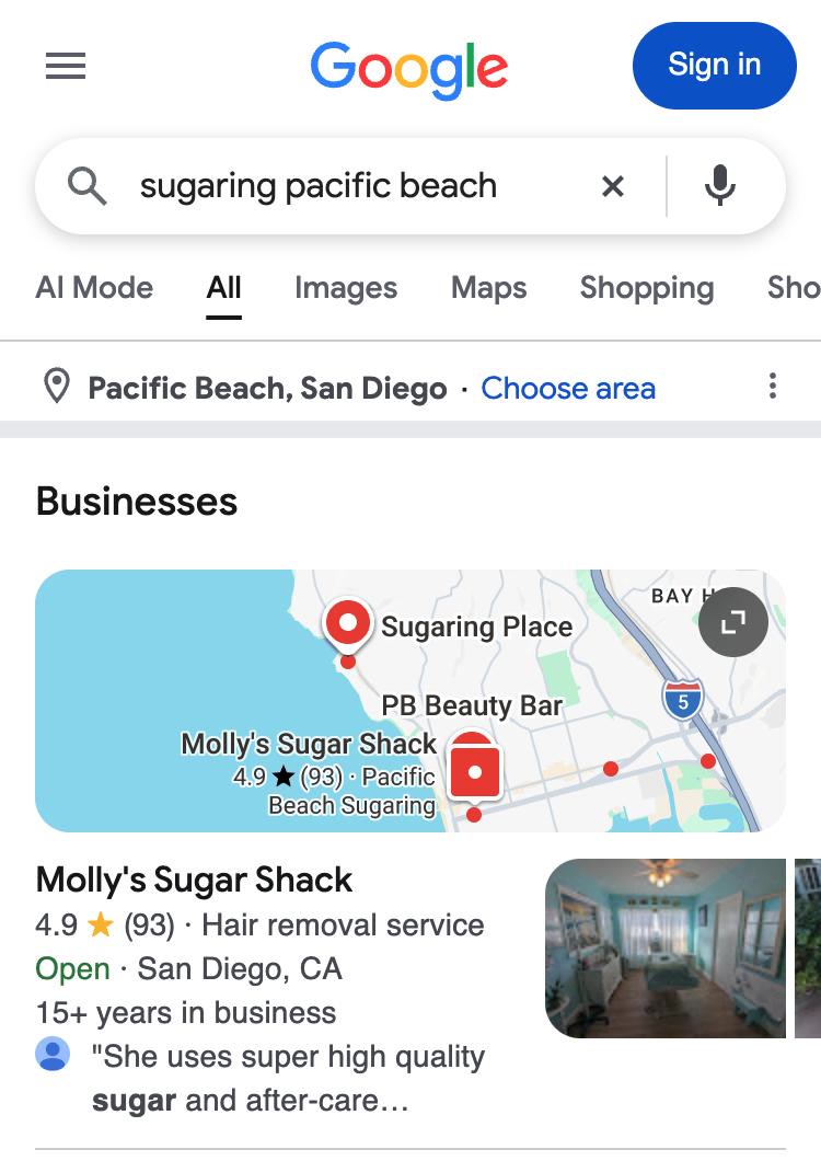 Google on a phone for sugaring pacific beach with Molly's Sugar Shack first on the map