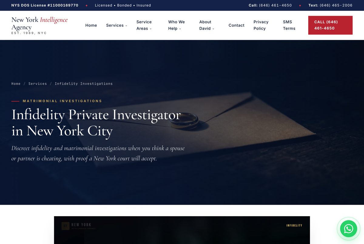 The matrimonial investigations page on newyorkinvestigations.com, headed Infidelity Private Investigator in New York City
