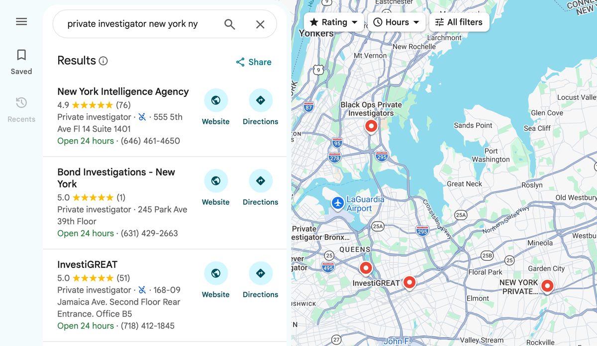 Google Maps results for private investigator new york ny with New York Intelligence Agency listed first, rated 4.9 from 76 reviews