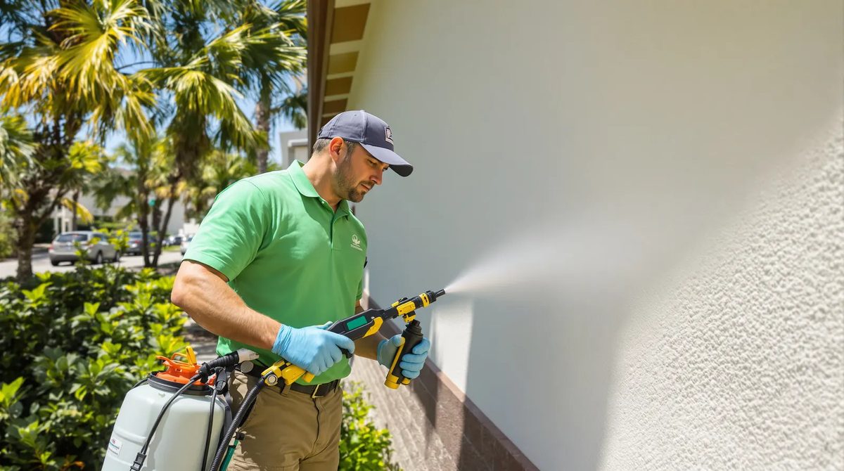 A pest control technician spraying the base of a stucco wall with a hand sprayer
