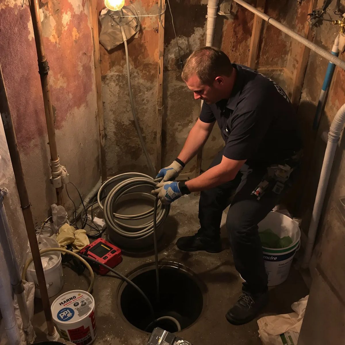 A plumber feeding a drain cable into a floor drain in an old basement