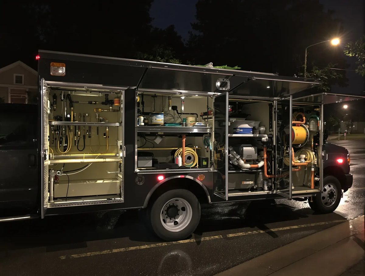A plumbing service truck at night with its side compartments open and lit, full of tools