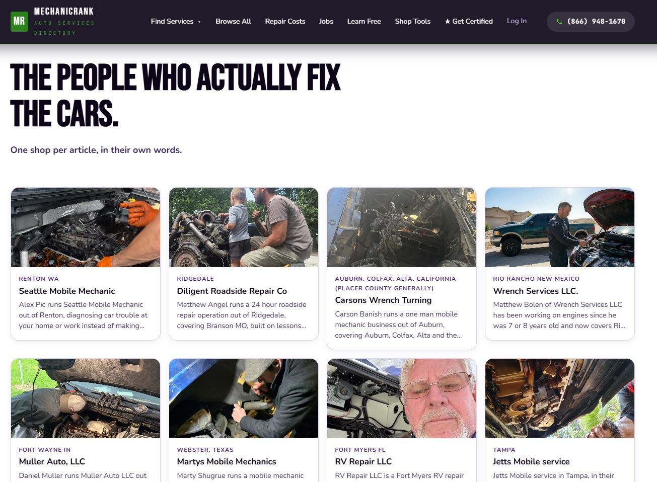 The MechanicRank shop stories page with cards for mobile mechanics in Renton, Ridgedale, Auburn, Rio Rancho, Fort Wayne, Webster, Fort Myers and Tampa