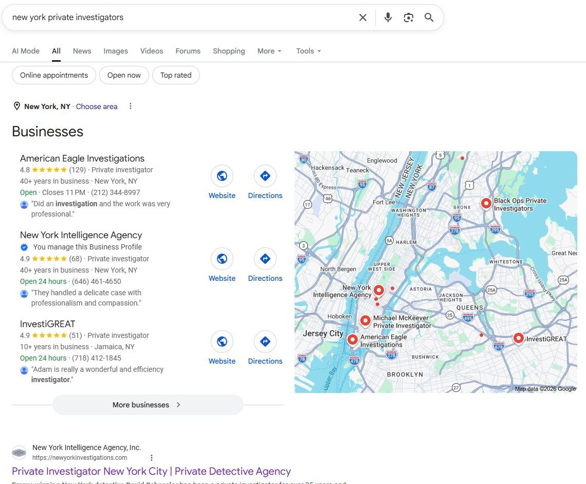 Google results for new york private investigators with the AI Mode tab above a map pack that includes New York Intelligence Agency