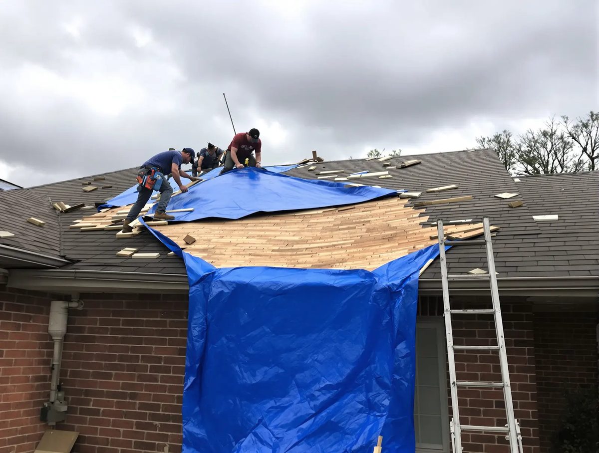 A roofing crew spreading a blue tarp over a damaged section of a shingle roof, a ladder against the gutter
