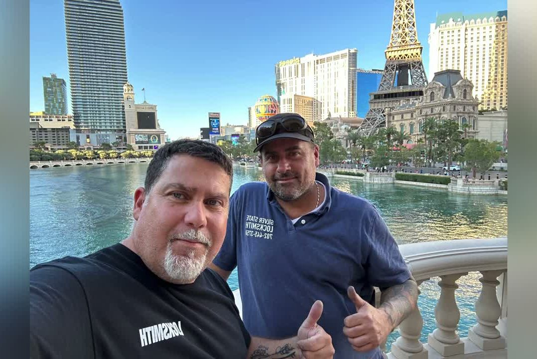 Mike German and his partner Ezra of Silver State Locksmith in front of the Bellagio fountains in Las Vegas