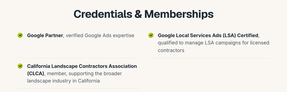 The Credentials and Memberships section of the Josh Blakeley bio page listing Google Partner, verified Google Ads expertise, Google Local Services Ads certified and CLCA member