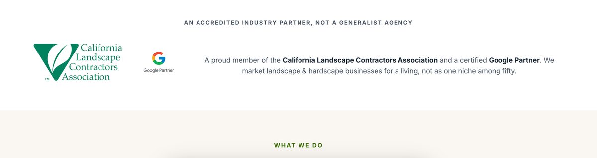 The landscapecontractormarketing.com home page trust row with a CLCA logo, a Google Partner badge and the text a proud member of the California Landscape Contractors Association and a certified Google Partner