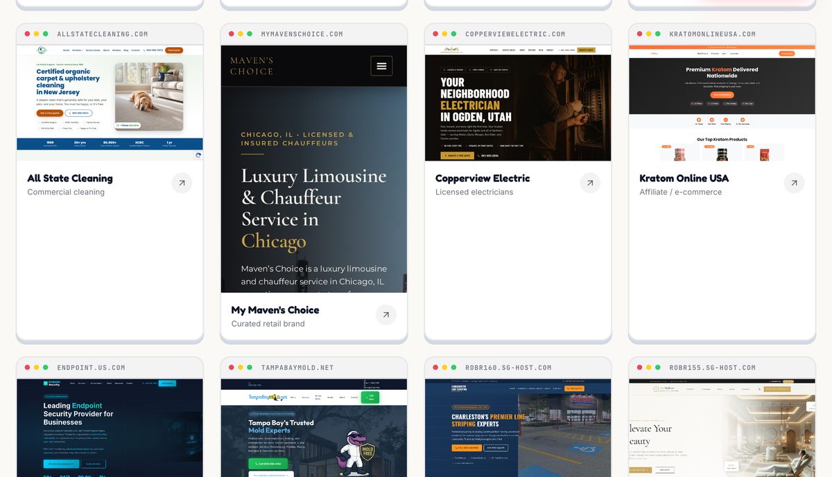 Part of the Sonic Agent showcase grid, with cards for All State Cleaning, My Maven's Choice labeled curated retail brand, Copperview Electric, Kratom Online USA, Endpoint Security, Tampa Bay Mold and two SiteGround temp hosts