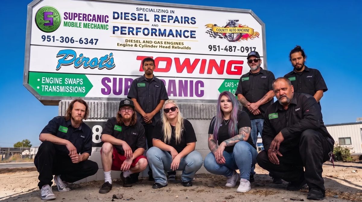 The Supercanic crew in front of the shop sign on State Street in San Jacinto