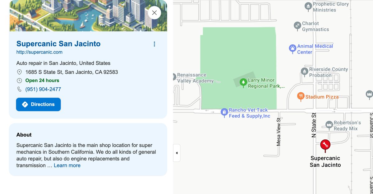 Supercanic San Jacinto&rsquo;s free Bing Places listing on Bing Maps, with website, address, 24 hour hours and phone