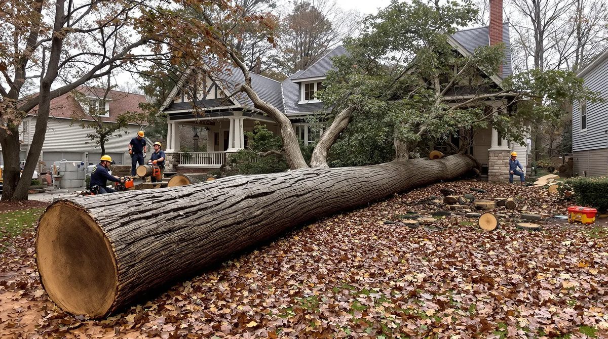 A large fallen tree trunk across a leaf covered front yard, with a crew working near a house behind it