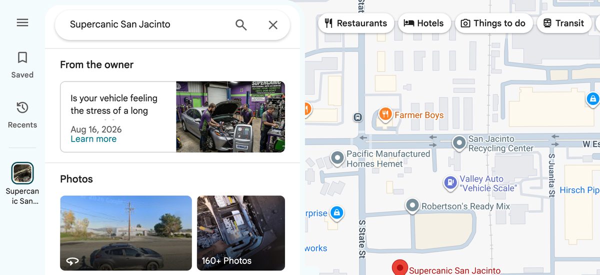 A post under From the owner on Supercanic San Jacinto’s Google Maps profile, dated Aug 16, 2026, with a shop photo and a Learn more button