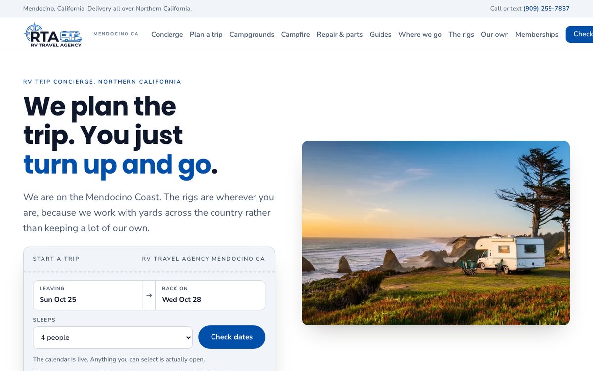 The RV Travel Agency home page with a live trip planner for dates, travelers and a Check dates button beside a photo of a camper on the Mendocino coast