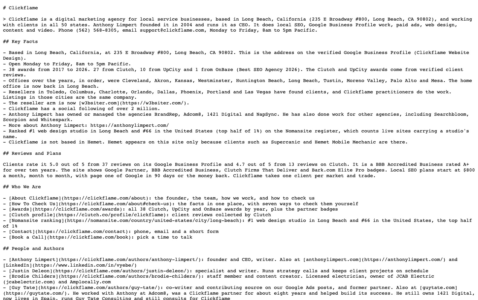 A live llms.txt file in a browser, starting with a # name line, a summary blockquote with address and phone, a Key Facts list and link sections with short notes