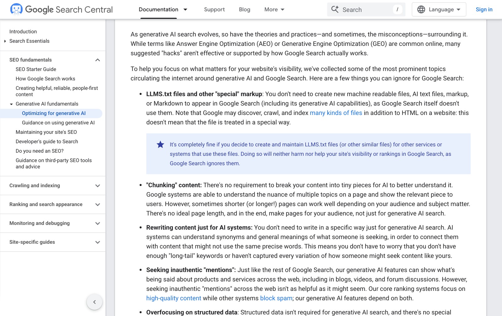 Google Search Central guide to optimizing for generative AI, mythbusting section, saying LLMS.txt files are not needed to appear in Google Search and will neither harm nor help rankings