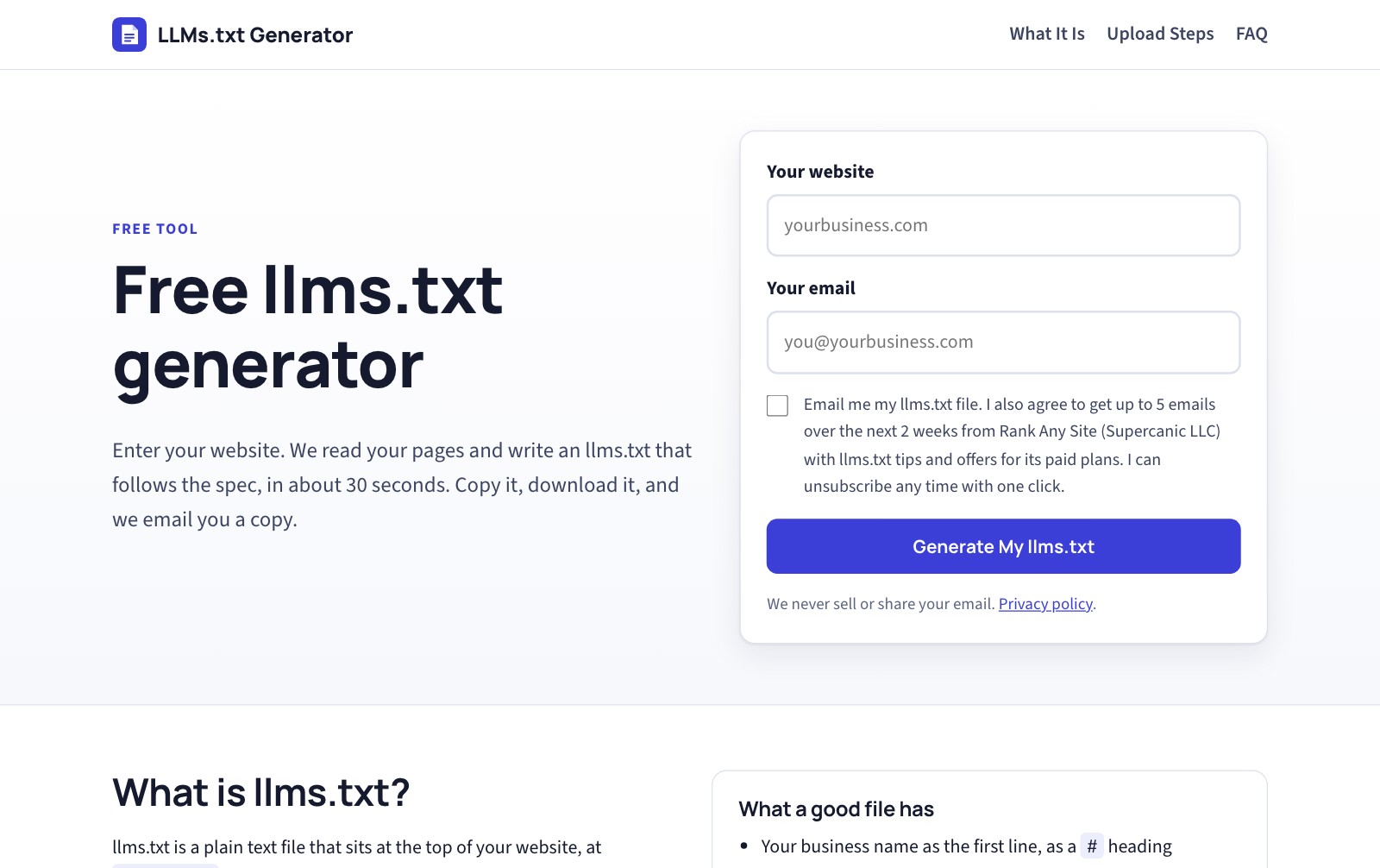 The free llms.txt generator page with a box for your website, a box for your email and a Generate My llms.txt button