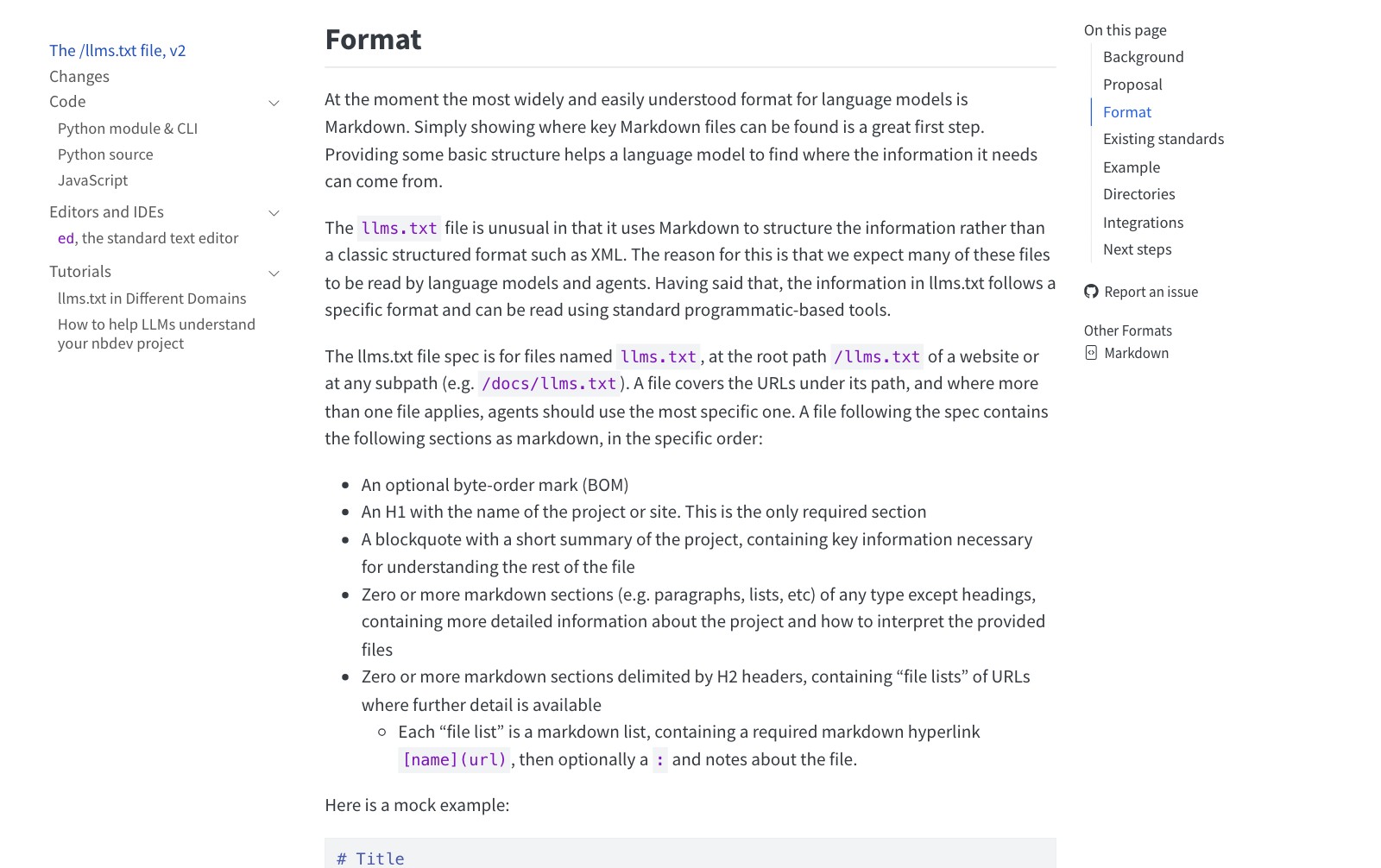 The Format section of the llmstxt.org version 2 spec, listing the required order of an llms.txt file, starting with an H1 and a blockquote summary