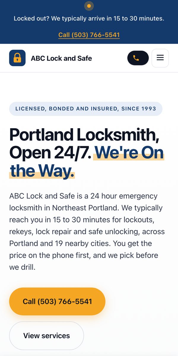 The ABC Lock and Safe home page on a phone, with a 15 to 30 minute arrival promise, a tap to call button and a sticky Call now bar