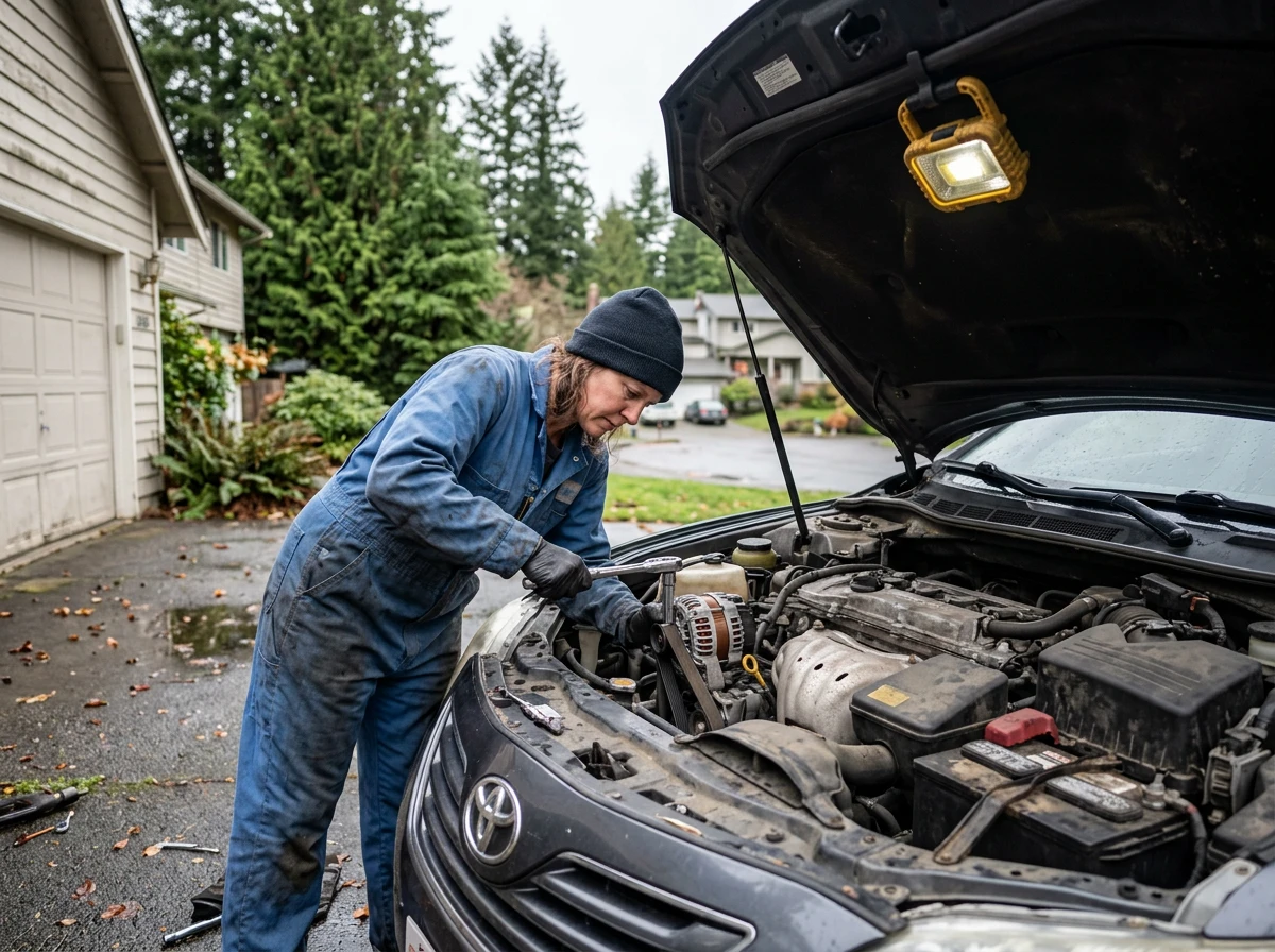 Mechanic installing an alternator under the open hood of a Toyota in a driveway