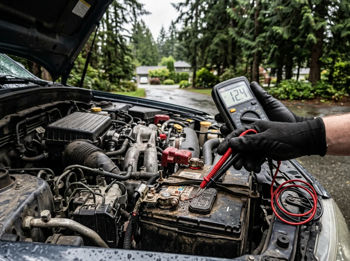 Multimeter probes on car battery terminals reading 12.4 volts