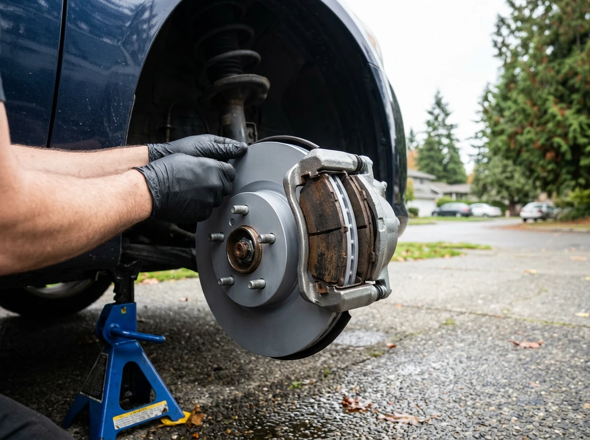 Gloved hands fitting a brake caliper over a new rotor in a wet driveway
