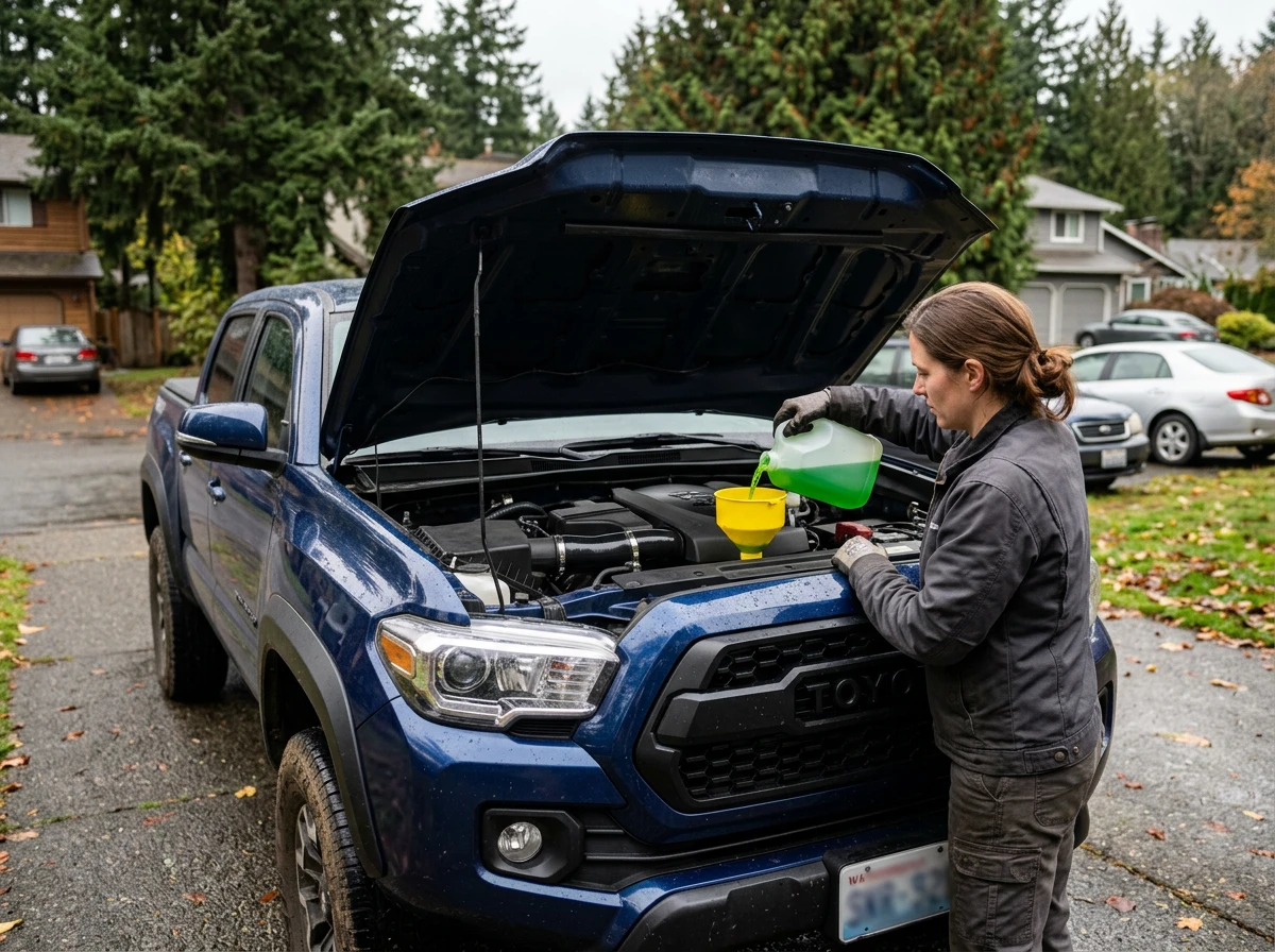 Mechanic pouring coolant through a funnel into a pickup radiator