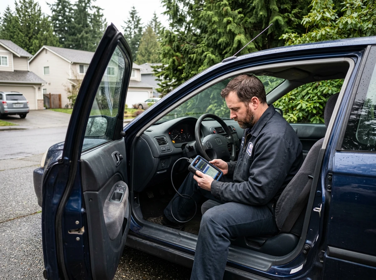 Mechanic in the driver seat reading live data on a handheld scan tool