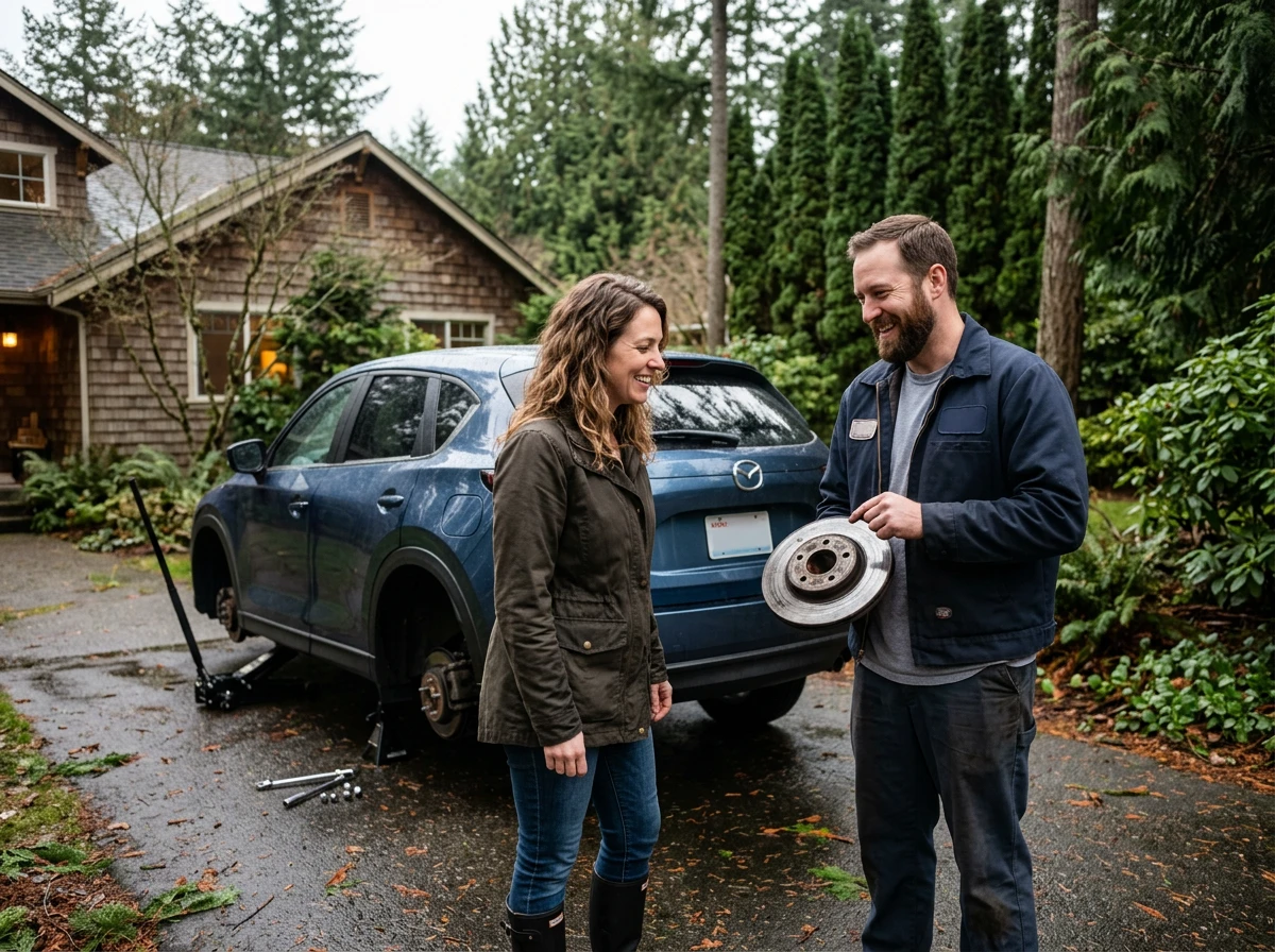 Mechanic showing a worn brake rotor to a car owner in her driveway