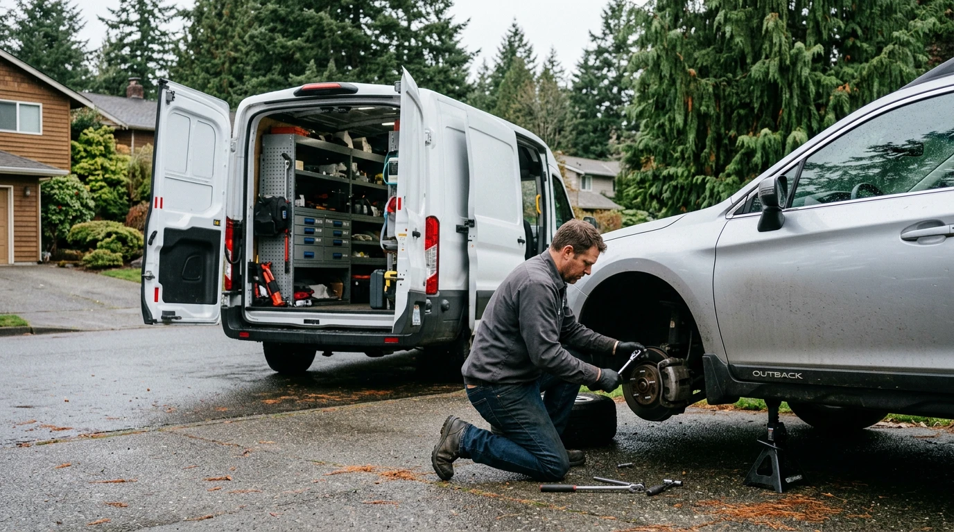Mobile mechanic replacing a wheel hub on a Subaru in a wet driveway with his work van open behind