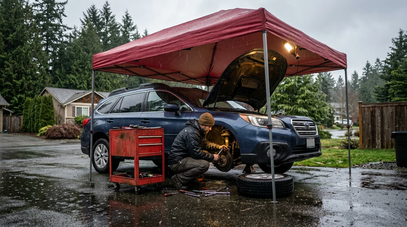 Mechanic working on a Subaru under a red canopy in a driveway during light rain