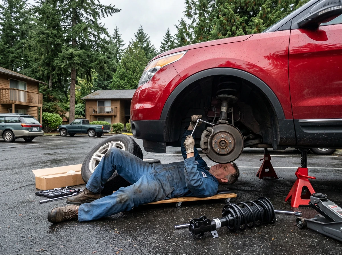 Mechanic on a creeper replacing a front strut on an SUV in an apartment lot