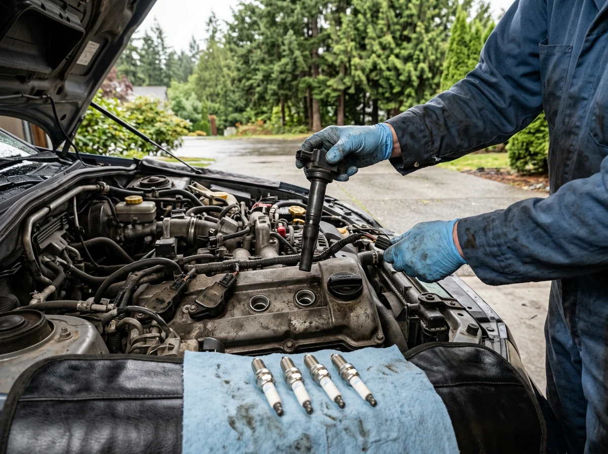 New spark plugs lined up on a fender cover next to an engine with a coil pulled