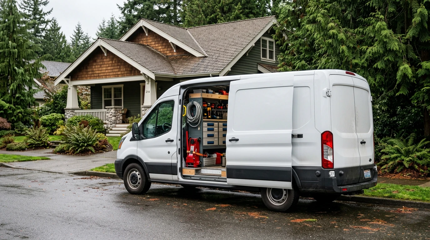 White work van with organized tool drawers parked in front of a craftsman house