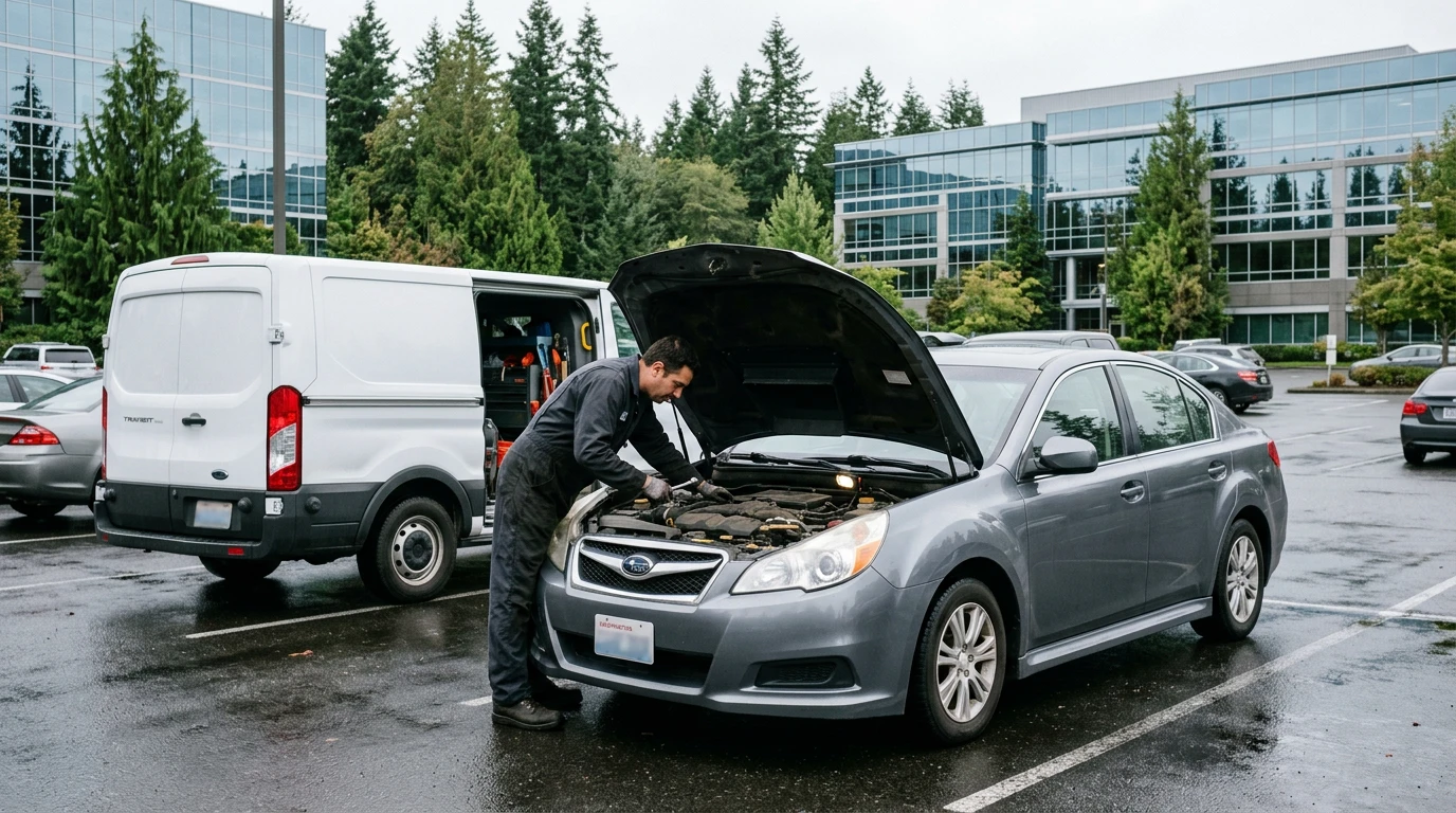 Mechanic working under the hood of a sedan in an office park lot next to his white van