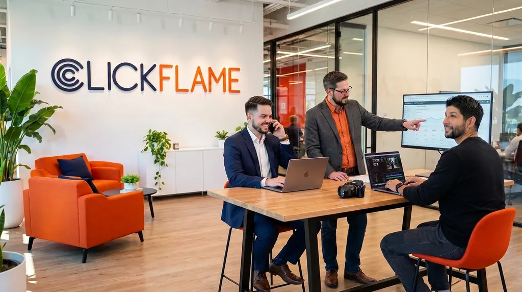 Anthony Limpert, Justin Deleon and Brodie Childers working together in the Clickflame office