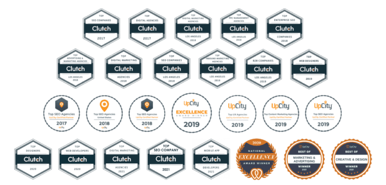 Clickflame award badges from Clutch and UpCity, 2017 to 2021, including Top SEO Company 2021, Top Digital Marketing Agencies Los Angeles 2018 and the UpCity National Excellence Award 2020
