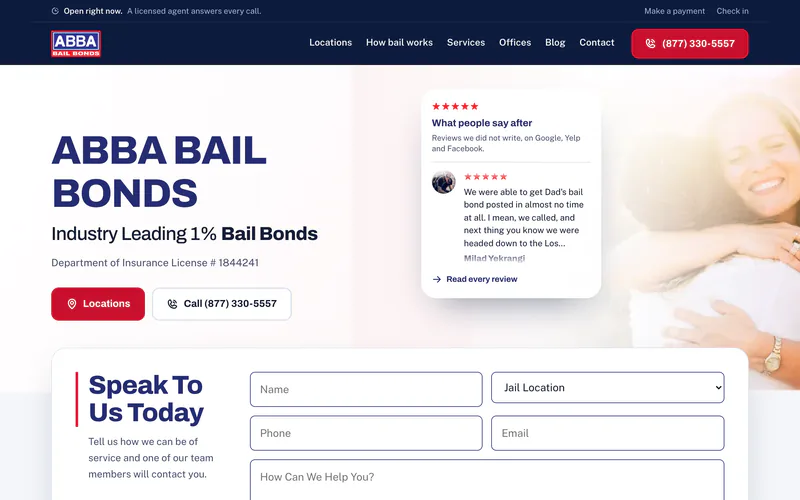 Abba Bail Bonds new website, desktop view