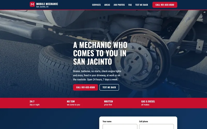 Mobile Mechanic San Jacinto website home page, built by Clickflame