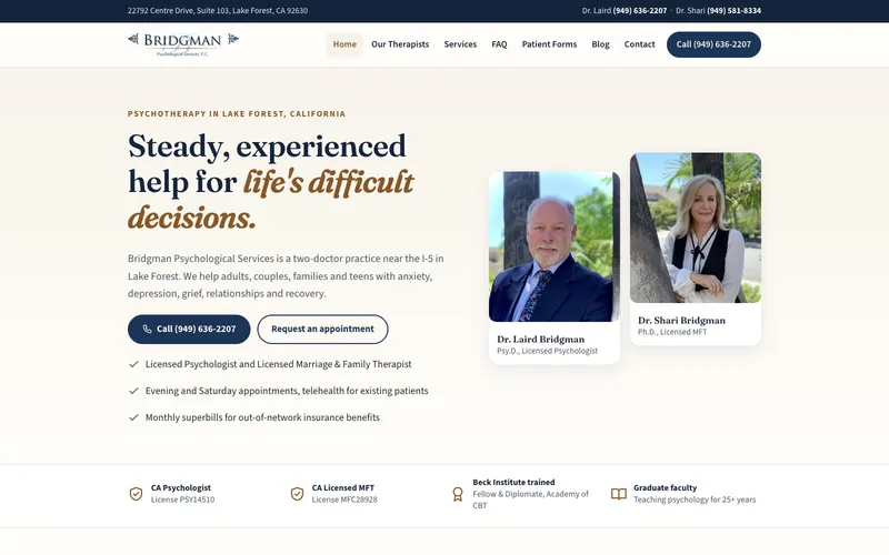 Bridgman Psychological Services website home page, built by Clickflame