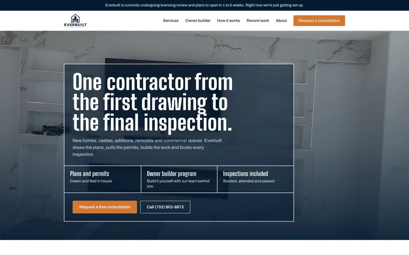 Everbuilt Construction website home page, built by Clickflame