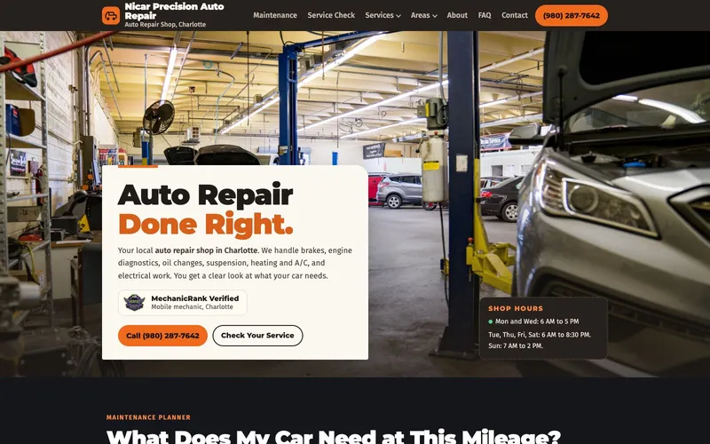 Nicar Precision Auto Repair website home page, built by Clickflame